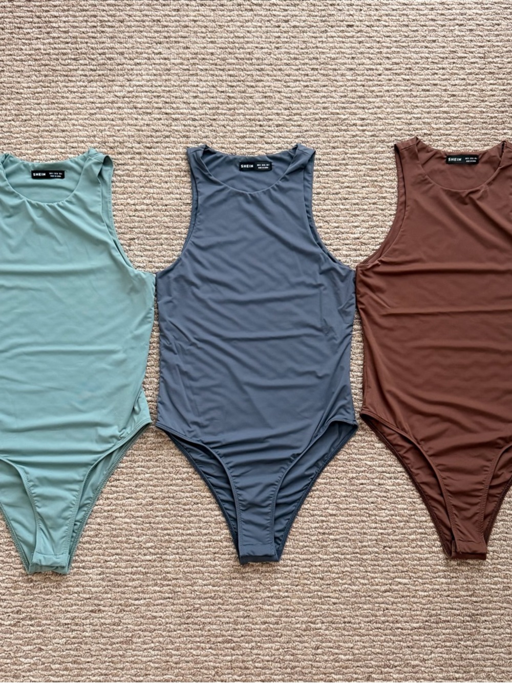 Three-Sleeveless Bodysuits — Sage, Slate Blue, Chocolate